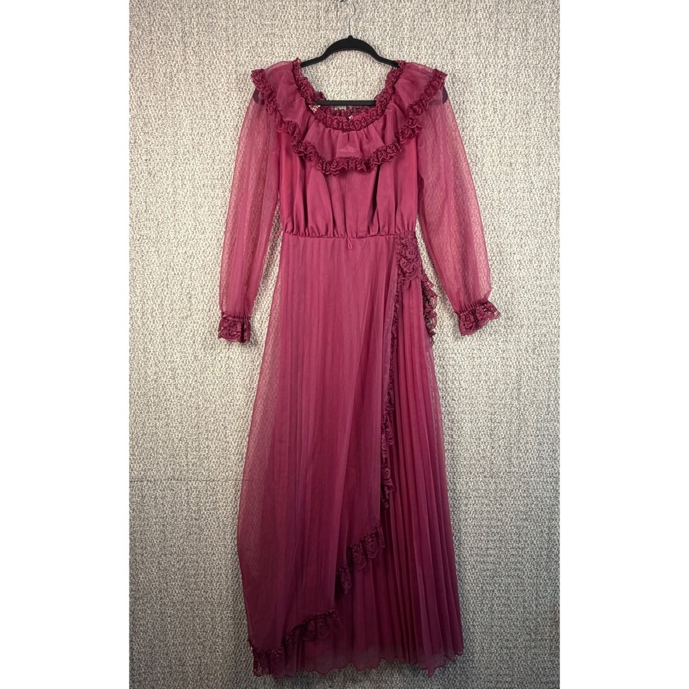 Vintage 70s Maxi Dress Lace Victorian Ruffle High Neck Berry Pink Sm Union Made